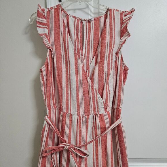 Old Navy Linen Cropped Romper Women’s Med Red White Striped Ruffle Jumper EUC - Picture 8 of 14